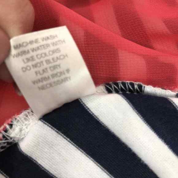 Womens Small Nautical Stripe Top Blue White Blouse Tie‎ Sheer Red Back - Picture 7 of 7
